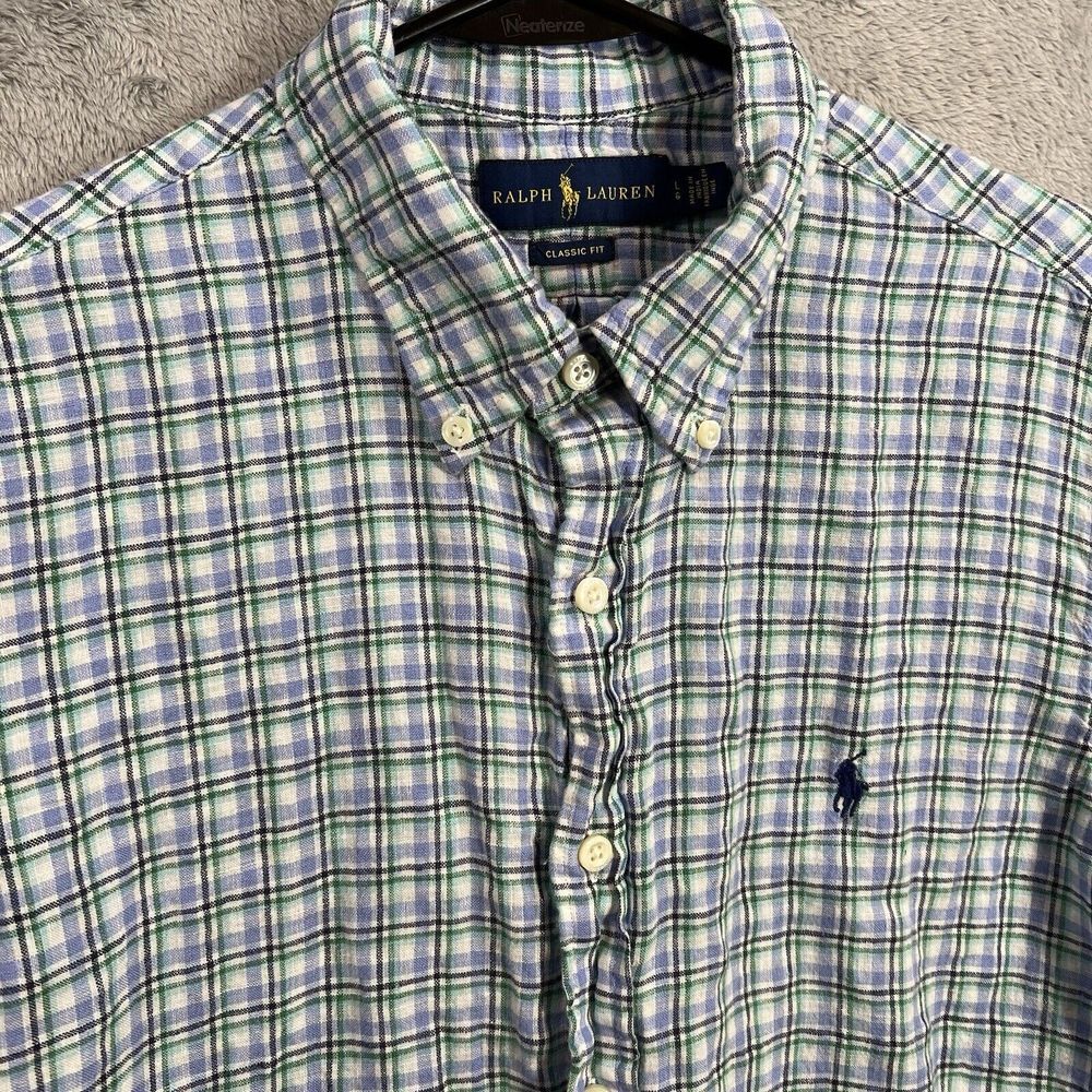 Ralph Lauren Mens‎ Large Button Down Shirt Green Blue Plaid Linen Short Sleeve